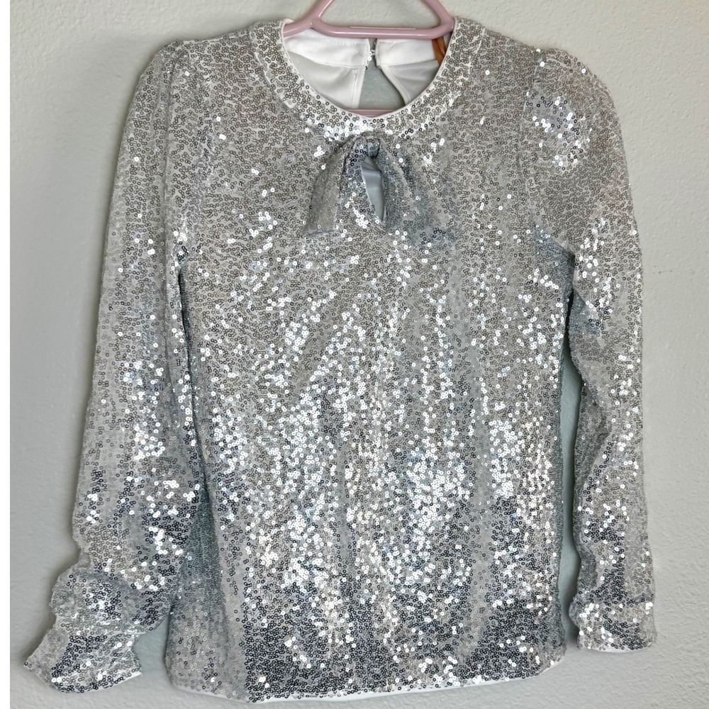 NWT Grace Karin Kids Girls Glitter Shimmering Silver Sequin Bow Top 12Y